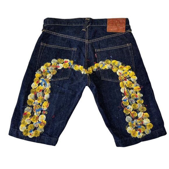 Evisu No 2 Selvedge Denim Painted Shorts Size 34 Y2K Made In Japan Button Fly